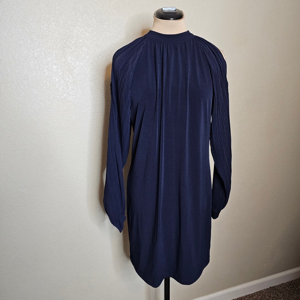 Venus Navy Blue Mock Neck Pleated Sleeve Cold‎ Shoulder Dress Size M